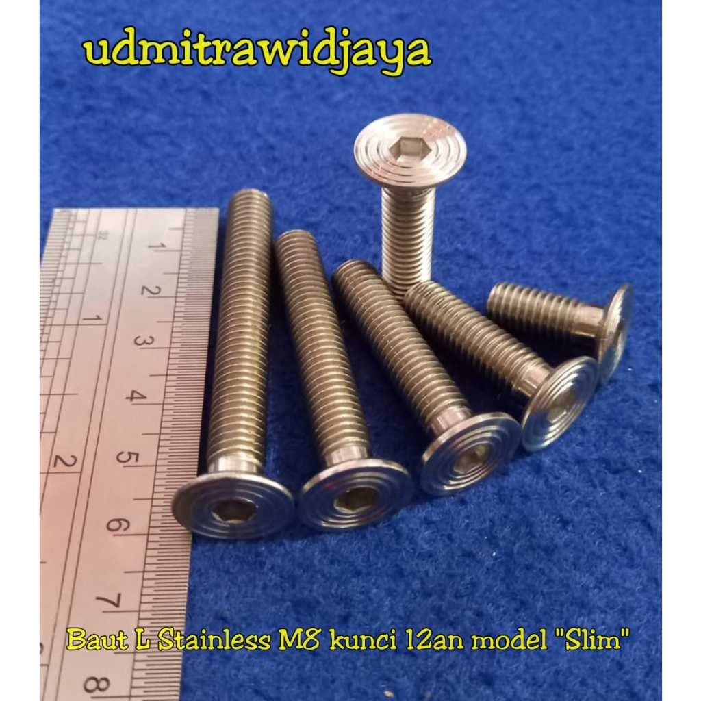 Baut Flat L baut countersink M8x50 5cm baut 12an 13an baut model slim baut bubut model pipih baut kaliper brembotirus verseng L kunci 12/L 5mm panjang 16, 20, 25, 30, 40, 50mm stainless