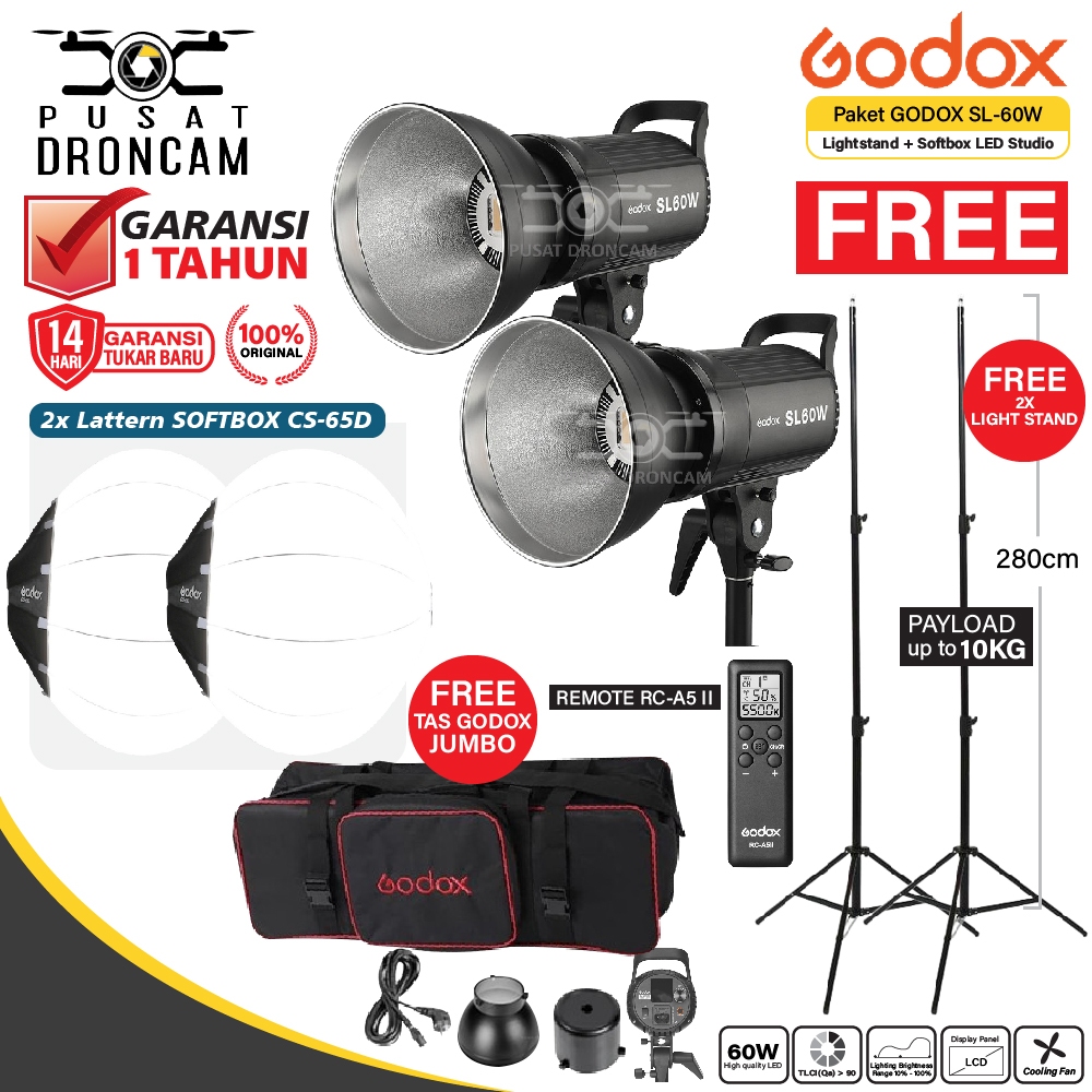 Paket Godox SL60W - Lantern Softbox 65cm - Lighstand - SL 60W CS-65D