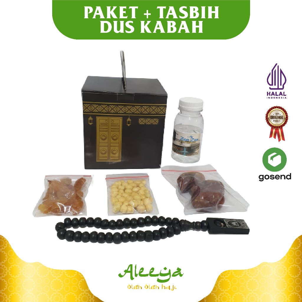 

Paket dus kabah Oleh-oleh Haji Umroh isi Kurma Khalas + Air Zamzam + Botol 80ml + Kismis + tasbih kayu