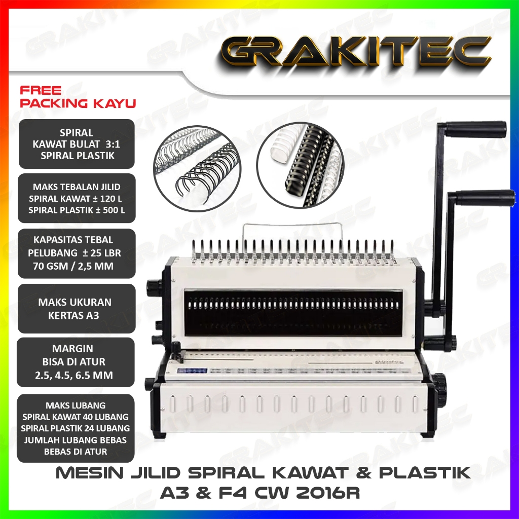 Mesin Jilid Spiral CW2016R Kombinasi Kawat 3:1 Bulat  & Jilid SPiral Plastik Premium GRAKITEC Bisa U