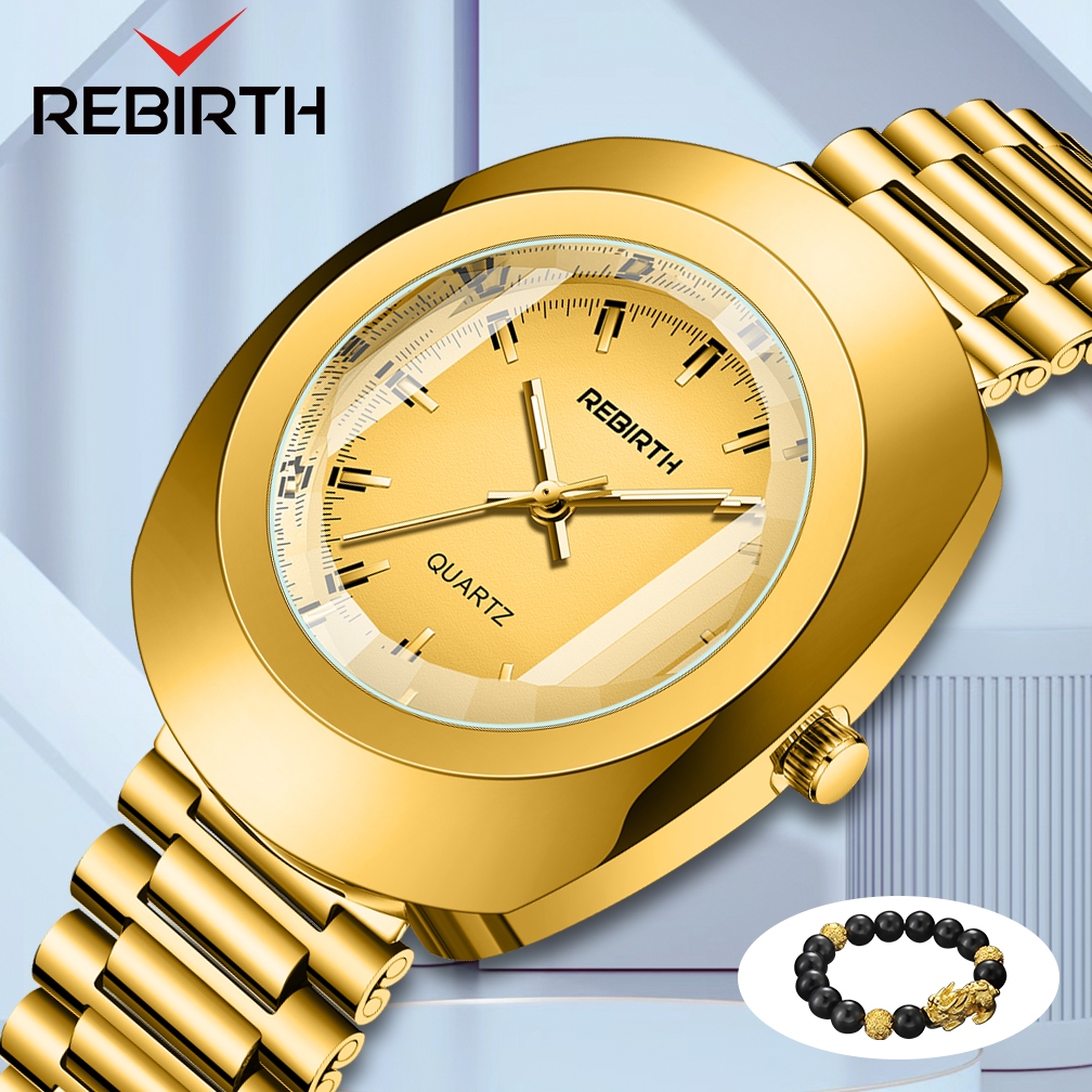 REBIRTH Jam Tangan Pria Gelang lapis emas asli dial  Mode Kemewahan Jam Tangan Cowok