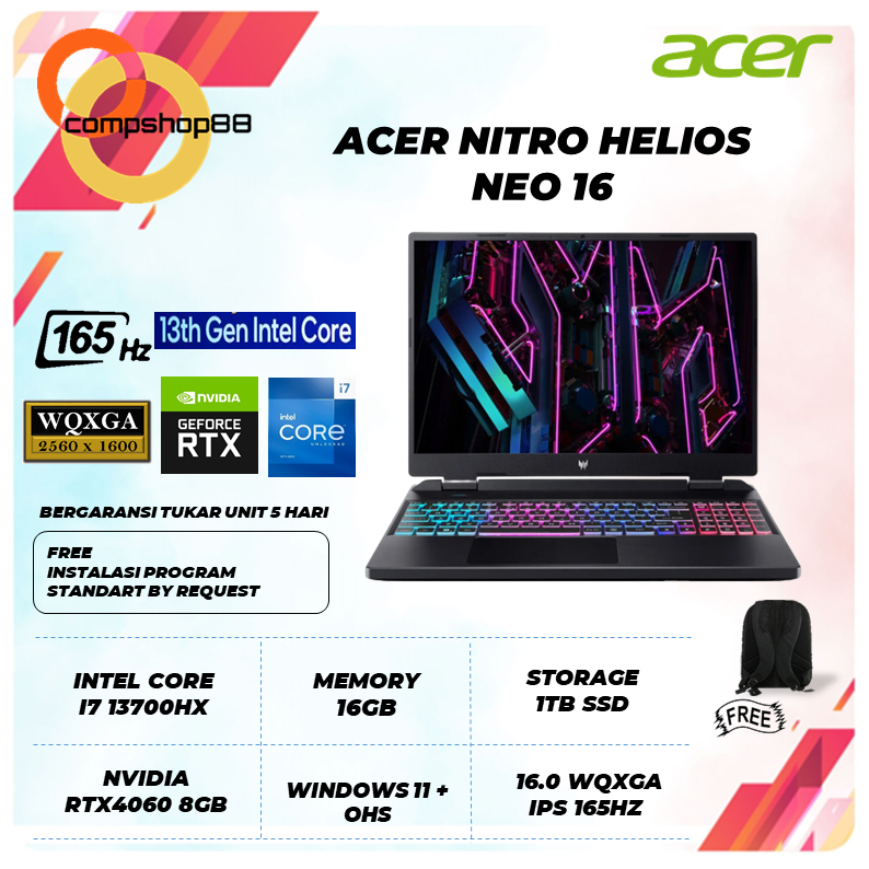 laptop Acer Predator Helios Neo 16 Core i7 13700Hx Ram 16Gb Ssd 1Tb Rtx4060 Qhd W11 Ohs 165Hz