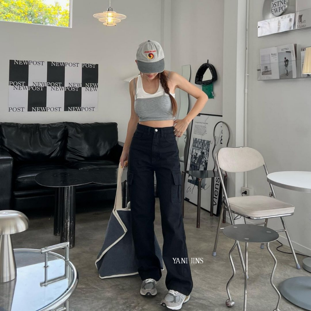 DITJINS - Highwaist Loose Jeans Cargo Pants Wanita Hitam Premium