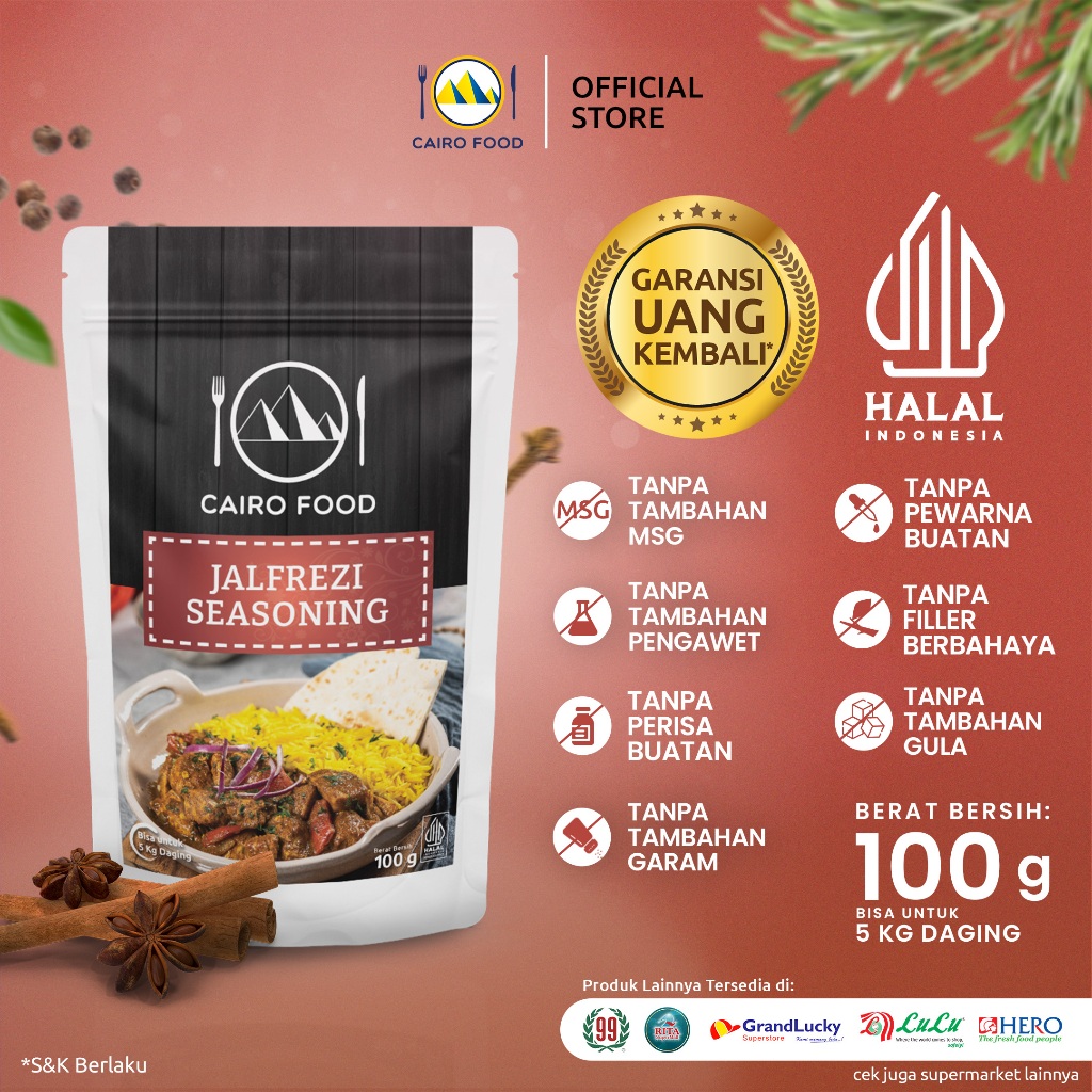 

Bumbu Jalfrezi Sehat – Tanpa MSG, 100% Rempah Murni | Cairo Food - 100 Gram