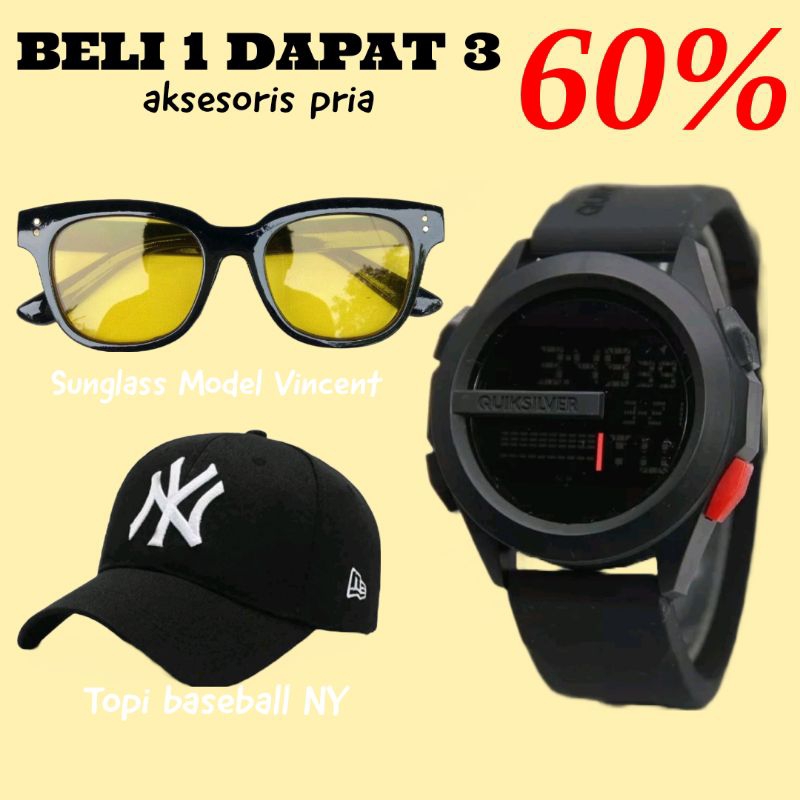 PROMO HEMAT BUY 1 GET 3  Jam Tangan Pria Tali Karet Digital Sport Tahan Air Gratis Topi NY Dan Kacam