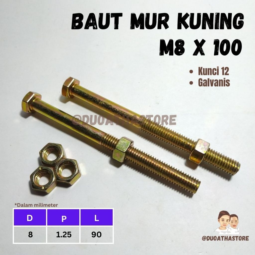 M8x100 Baut Mur Kuning BMK Hex M8 x 100 HT Galvanis Kunci 12