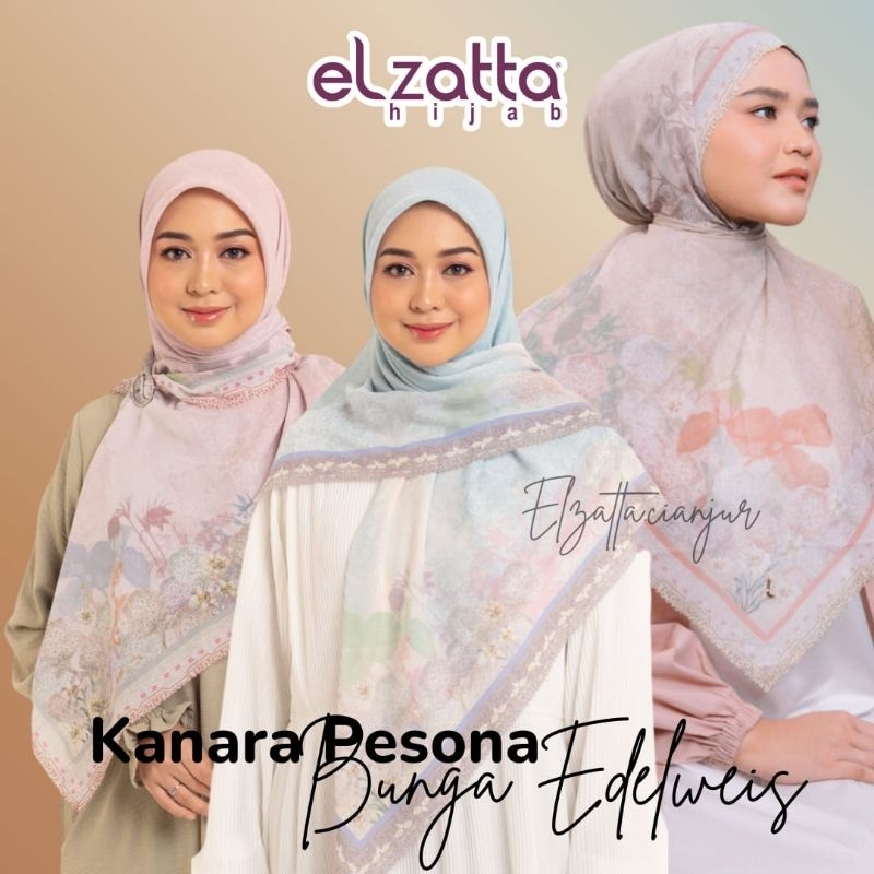 ELZATTA HIJAB SEGI EMPAT KANARA PESONA BUNGA EDELWEISS BAHAN VOAL PREMIUM SCARF MOTIF PREMIUM KERUDU