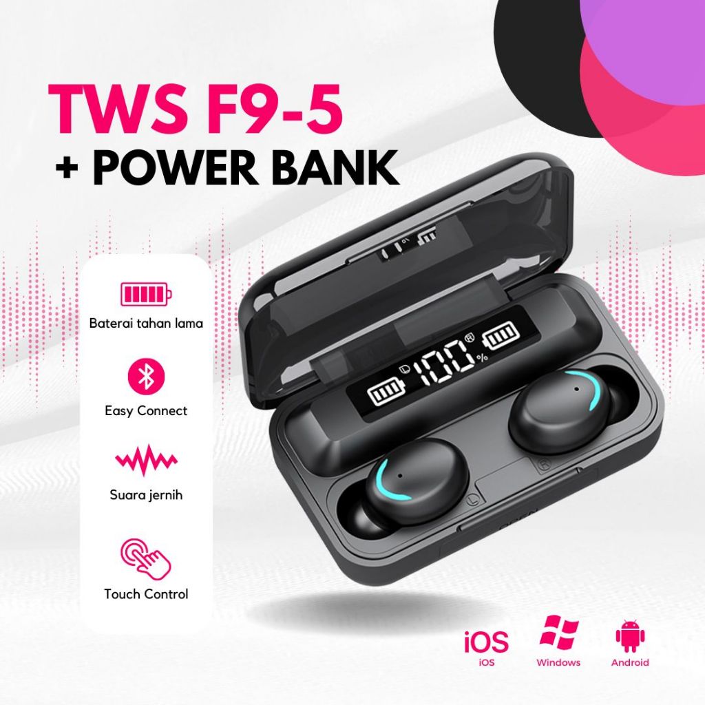 Headset Blutooth TWS F9 5 Original Super Bass Support Powerbank