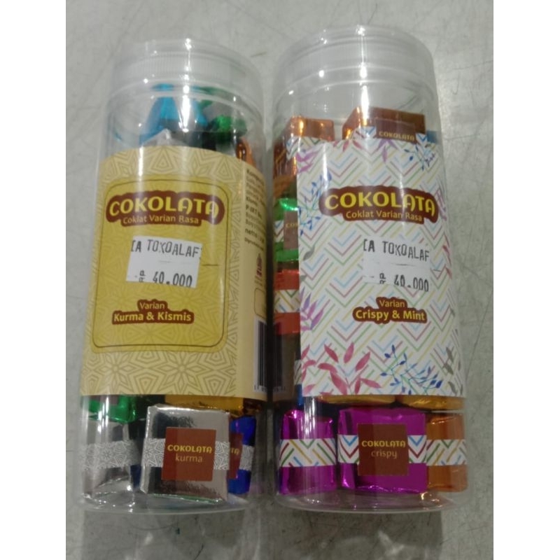 

Cokelat Praline Aneka Varian, Cokelat Kurma & Kismis dan Cokelat Crispy & Mint Cokolata isi 250gram