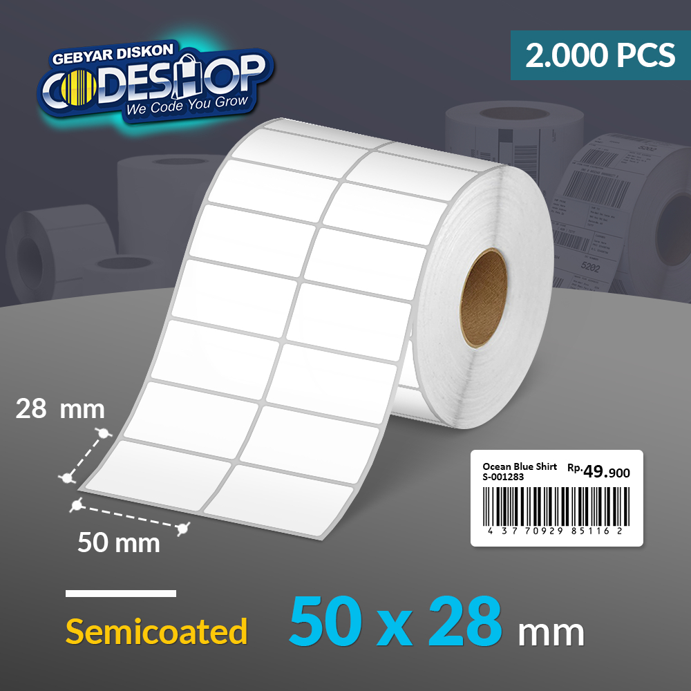 

Codeshop Label Semicoated 50 x 28 mm 2 Line Stiker Printer Barcode Core 1 Inch Isi 2.000 Pcs