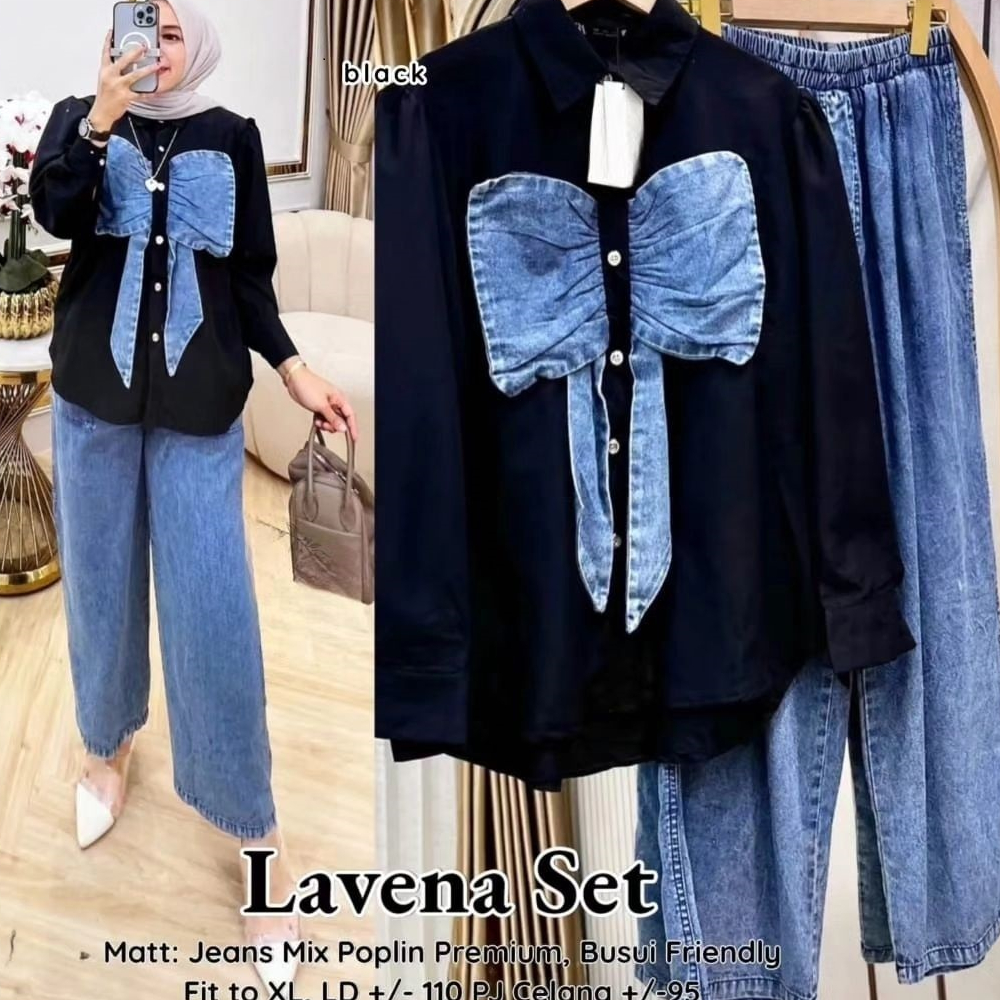 LAVANA SET ATASAN+CELANA Bahan Toyobo Mix Jeans Premium  Setelan Wanita Kekinian Oneset Jumbo LD 115