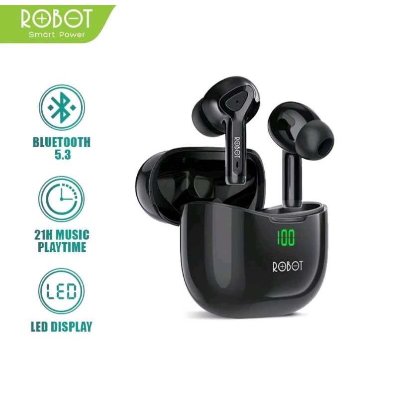 ROBOT TWS Wireless Earphone Airbuds T30 PLUS Original BT 5.3 Black