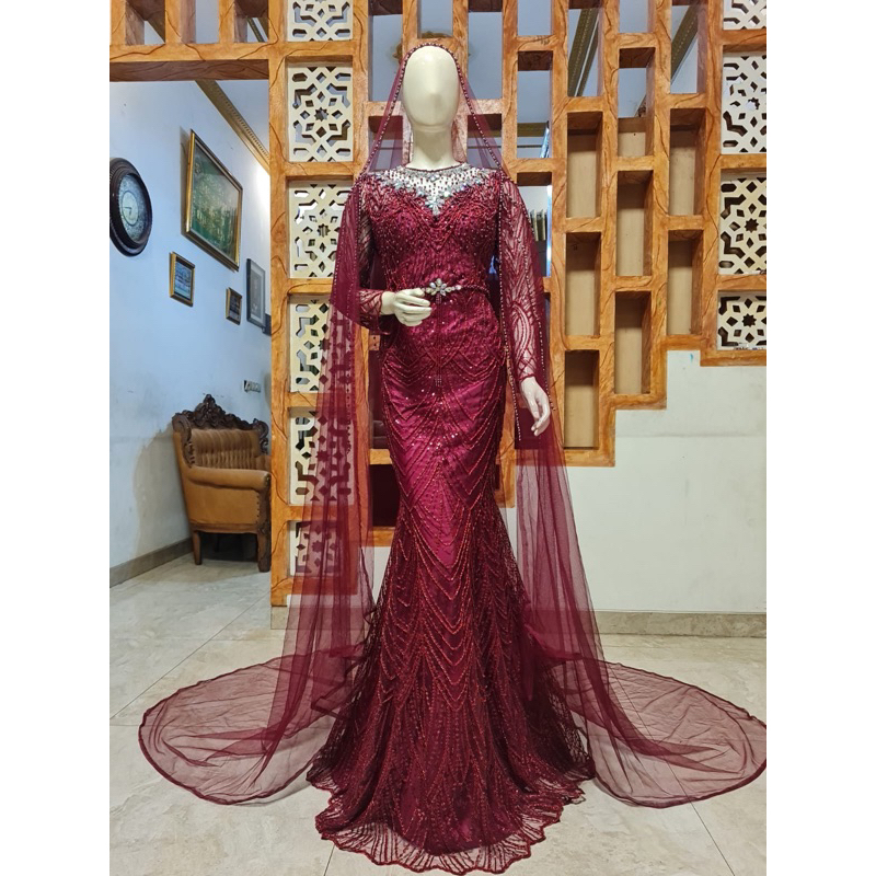GAUN PENGANTIN PREMIUM SLIM DUYUNG DRESS MAROON