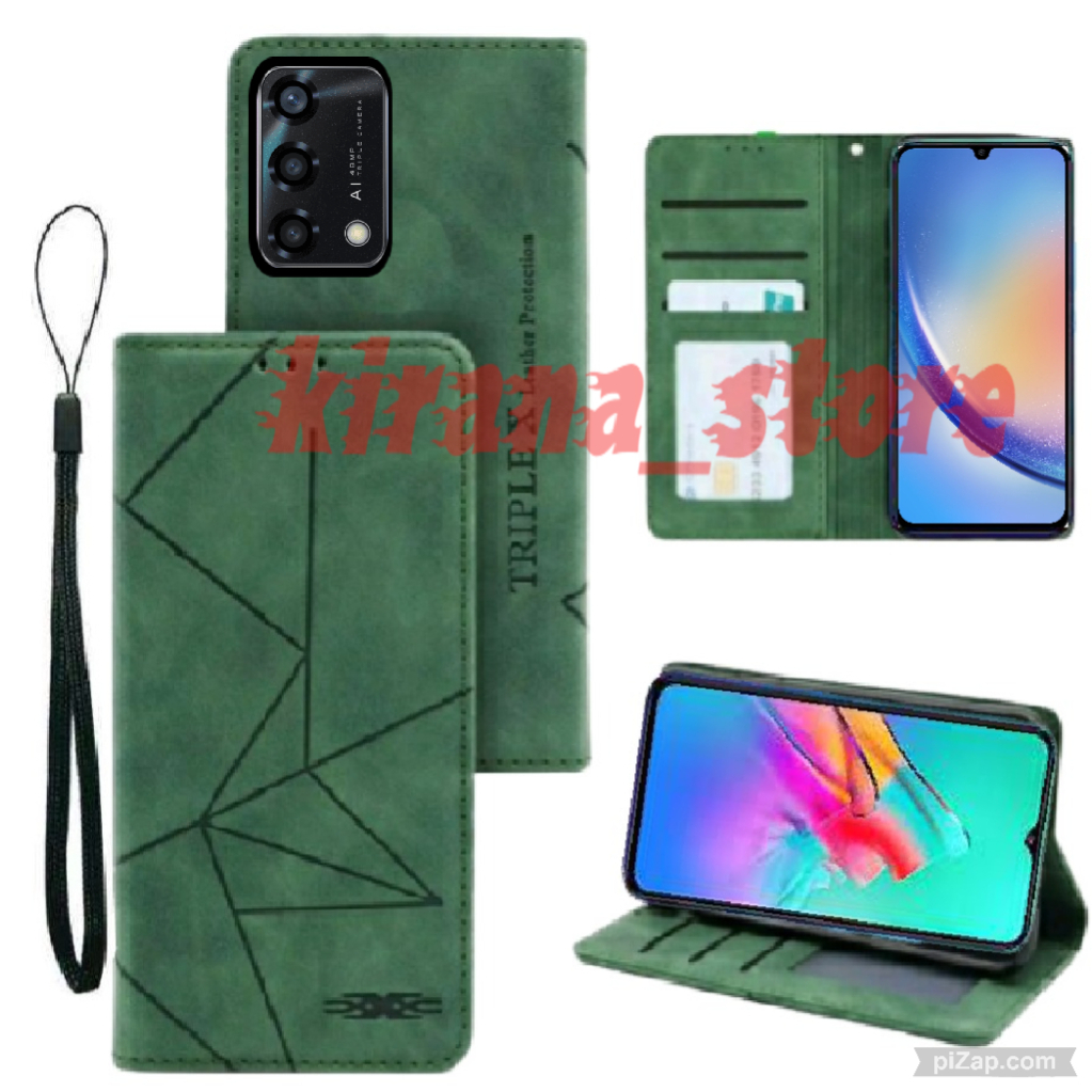 OPPO A74 4G Flip Case Flip Motif Dompet Casing HP Flip Kulit Motif Garis Wallet Leather Cover untuk 