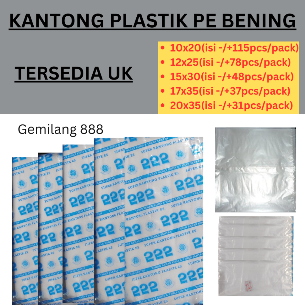 Plastik PE (semua Ukuran: 4x23-6x20-7x20-8x20-9x20-10x20-12x25-15x30-17x35-20x35), kantong Gula, Pla