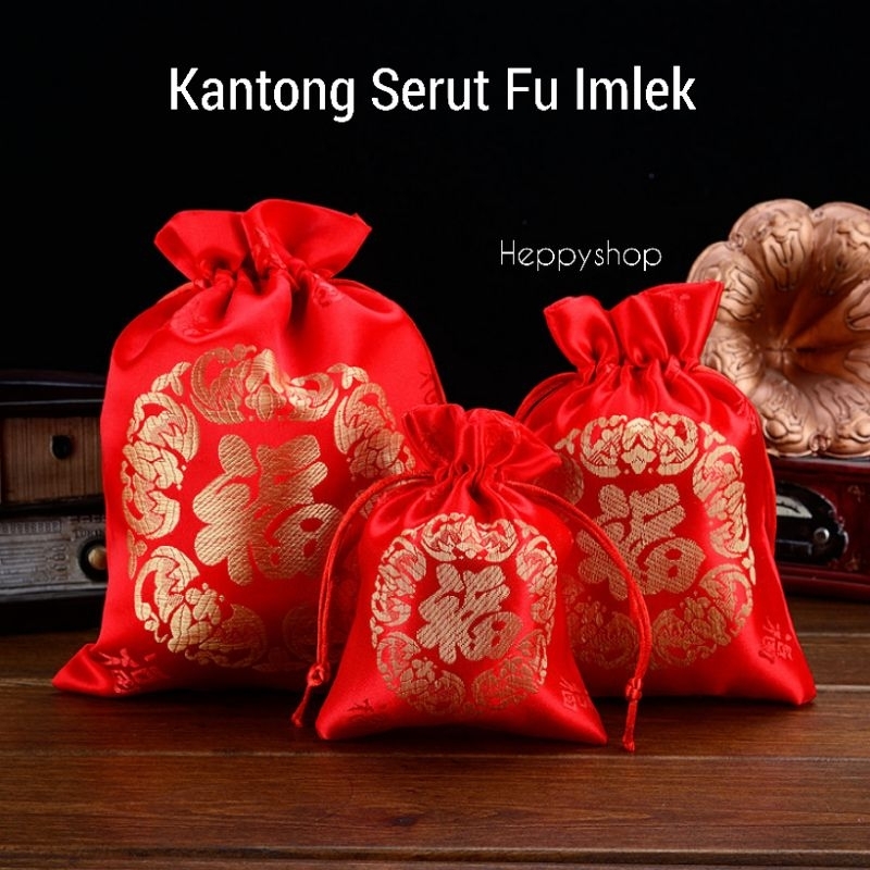 

Kantong Serut Fu Imlek Pouch Serut Kantong Jimat Angpao Fuk Hampers CNY Jeruk Permen