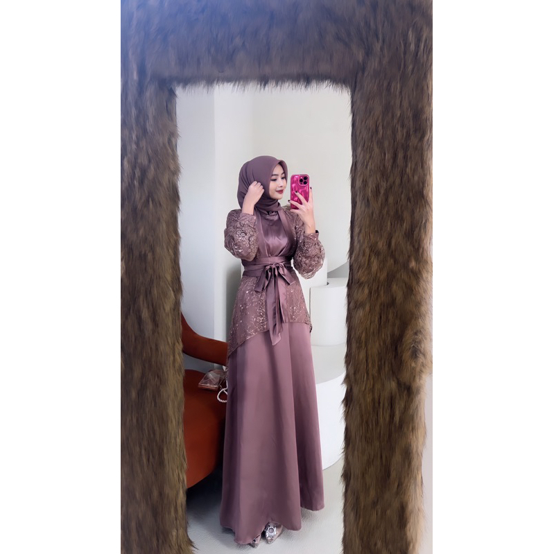Fuji Dress Satin Veloxa Dress Inner Outer Brukat Tille Jullite Premium Free Belt Oneset Dress Kondan