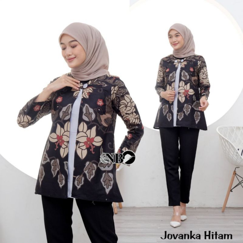 Pakaian Batik Blouse Wanita Kekinian Modern Kerja Jumbo Jovanka Hitam