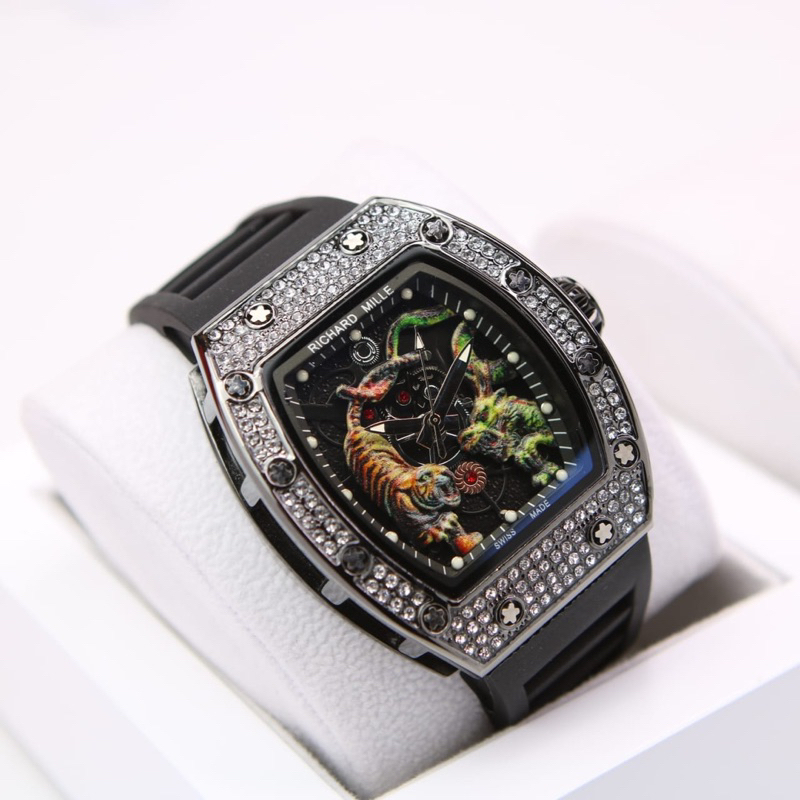 ( BISA COD ) Jam Tangan Pria RM Plat Dragon And Tiger Ring Diamond Rubber Tali Karet Jam Tangan Fash