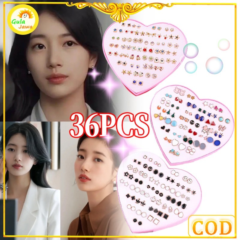 Anting isi 36 pasang 1 kotak Tusuk Bentuk Hati bergaya Warna untuk Wanita