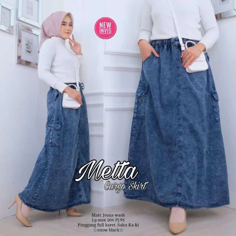 Metta Cargo Skirt Jeans | Rok Cargo Wanita Panjang | Rok Jeans Cargo Jumbo | Rok Panjang Jumbo | Car