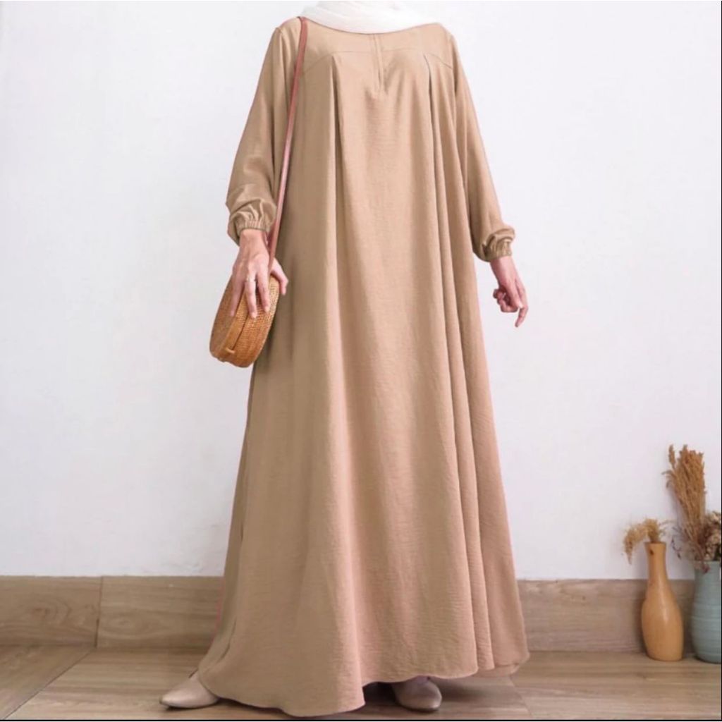 Gamis Polos Bahan Crinkle Airflow Baju Gamis Wanita Model Simple Elegan Kekinian Busui Friendly