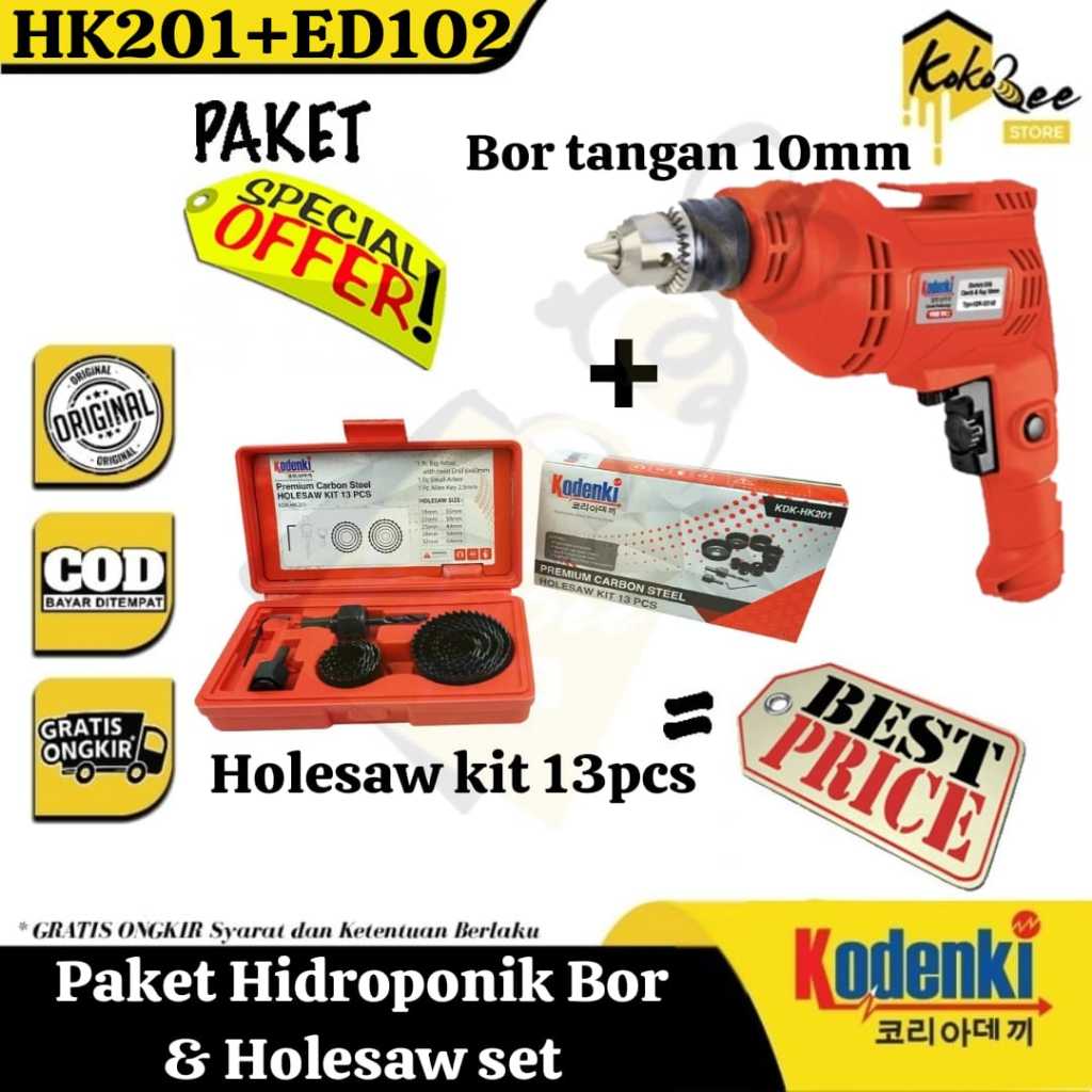 Paket hidroponik mesin bor tangan 10mm KDK-ED102 dan holesaw kit set 13 pcs KODENKI - Mesin bor besi