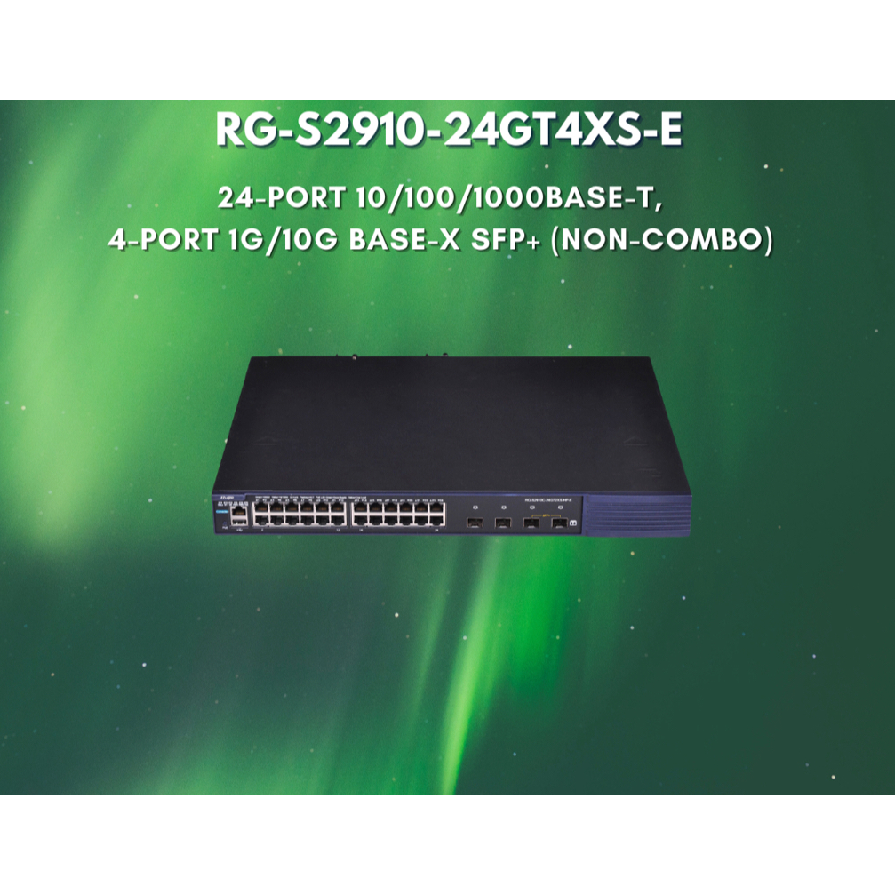 RG-S2910-24GT4XS-E RUIJIE 24-Port 10/100/1000Base-T, 4-Port 1G/10G Base-X SFP+ (non-combo), AC