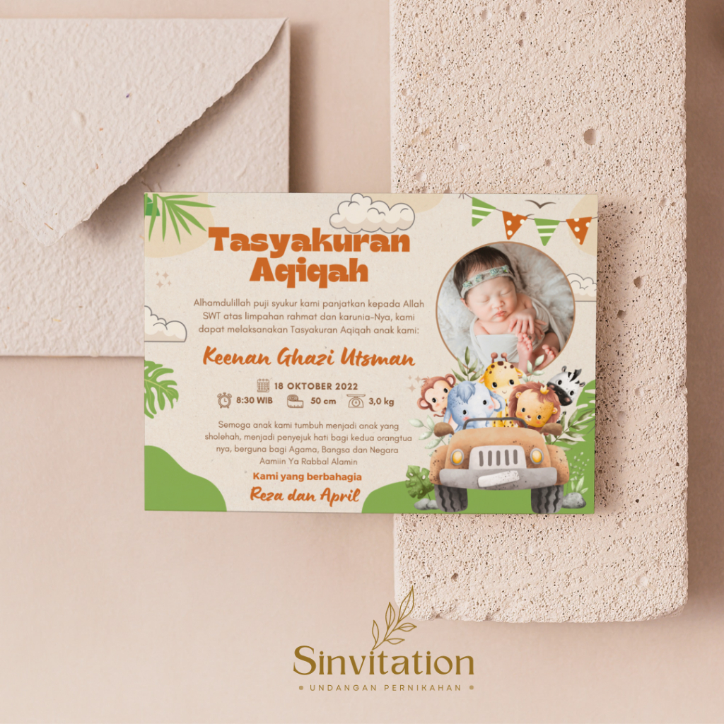 

Cetak Kartu/Stiker Tasyakuran Aqiqah, Tedak Siten, Kelahiran, Selapan, Sinvitation 001