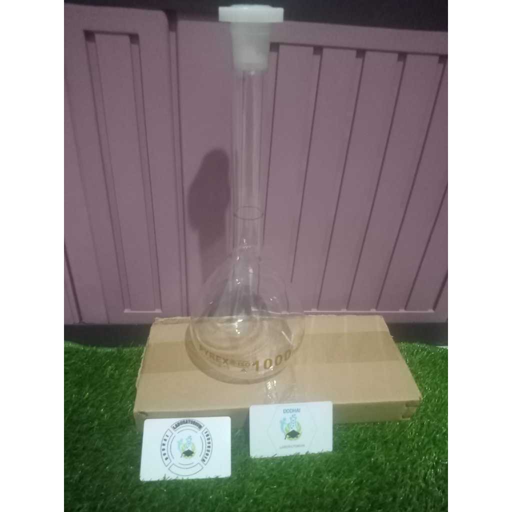 Labu ukur, volumetric flask, Labu tentukur. merk pyrex ukuran 1000 ml