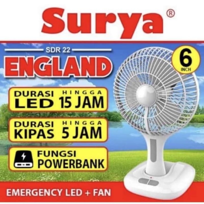 Kipas Angin Portable Kipas Angin + Lampu Emergency Led Surya England SDR 22 6 Inch