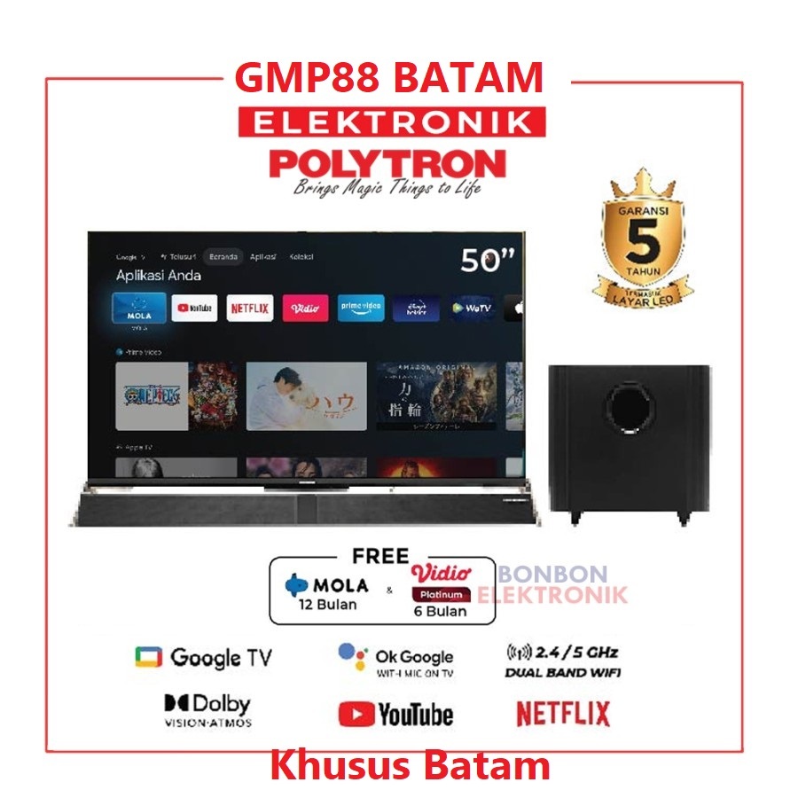Polytron Smart TV 50 Inch PLD 50BUG5959 / Google TV Cinemax Soundbar Khusus Batam