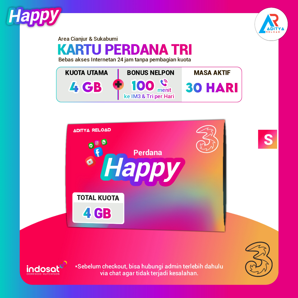 Kartu Perdana Tri Happy (HPS) 4GB+3GB Bonus 30Hari