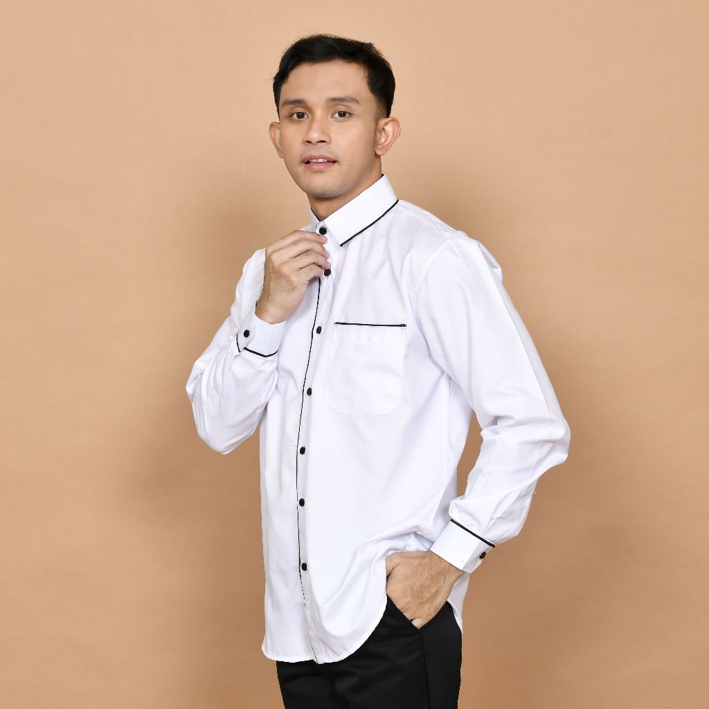 SumberRejekiJeans - MOERBA - Kemeja Pria Putih Kombinasi Hitam Lengan Panjang Reguler Besar L-4XL Ba