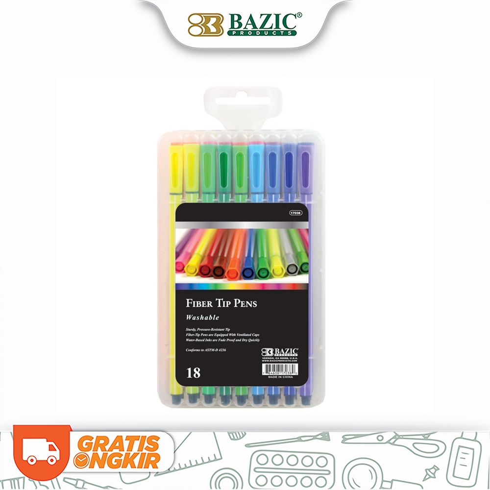 

Bazic 18 Color Washable Fiber Tip Pen - Pulpen / Spidol Warna