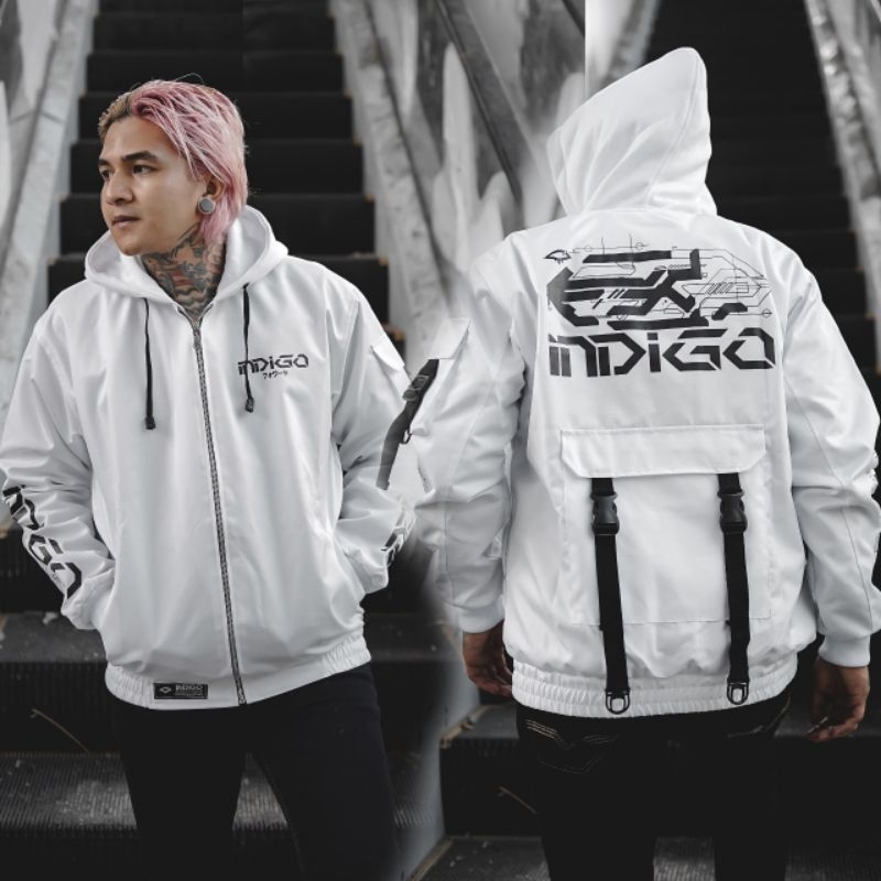 Jaket bomber hoodie Indigo hitam Putih casual