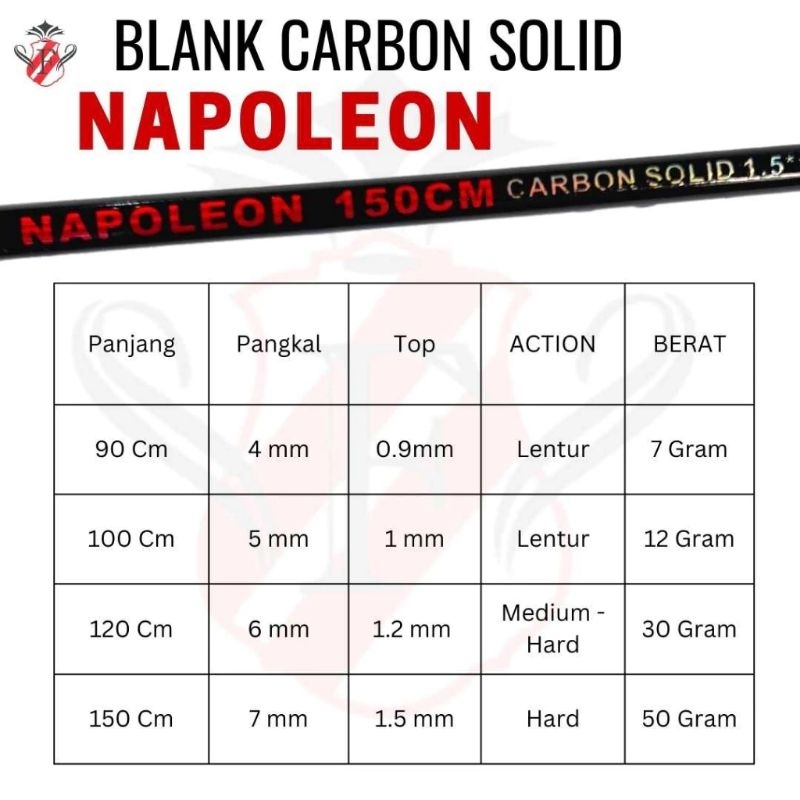 Carbon Solid Napoleon diameter 4.0mm top ujung 0.9mm panjang 70cm dan 90cm