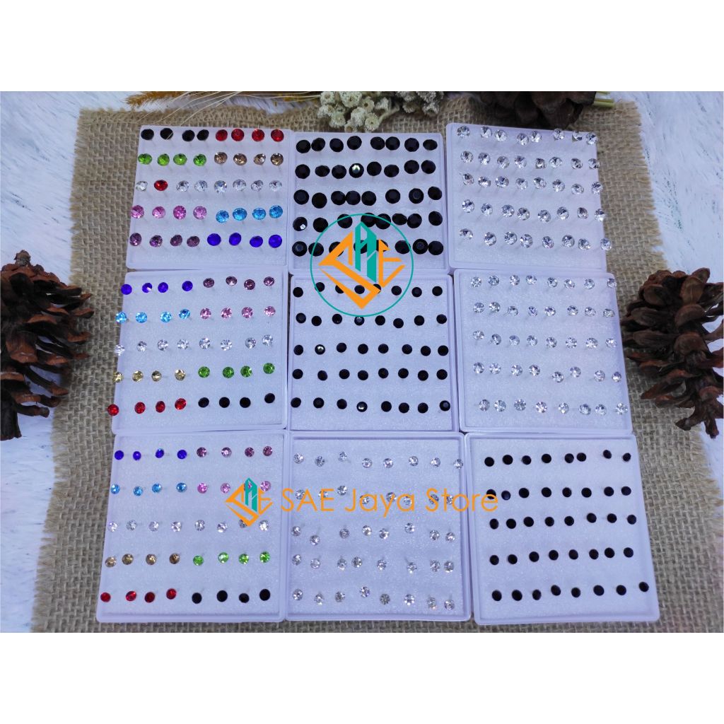 SAE - ANTING KRISTAL MATA IMPORT ISI 20 PASANG HITAM PUTIH WARNA WARNI / ANTING TUSUK PLASTIK / ANTI