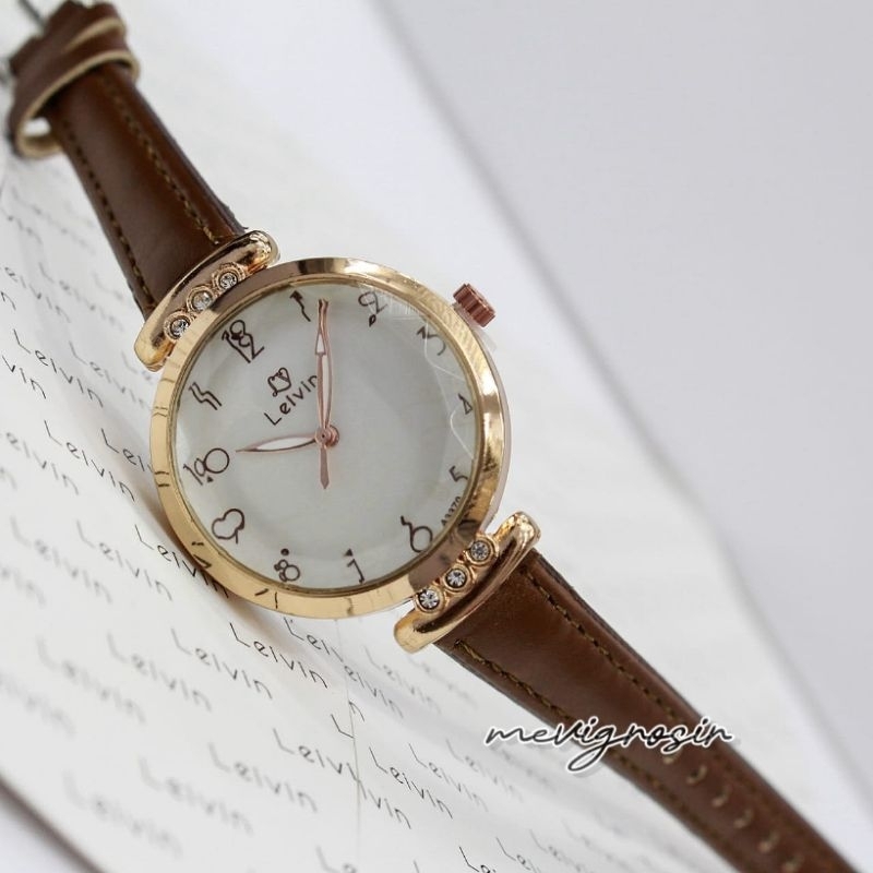 Jam Tangan Wanita Analog LEIVIN Fashion Watch Original LV-A3370 Tali Kulit Kaca Prisma 3D Timbul Mod