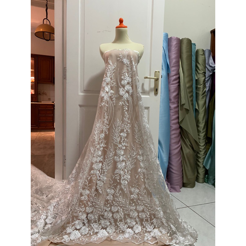 Kain Brukat Tile Bordir Payet Bahan Kebaya Akad Victoria Dress Elegant Warna Putih