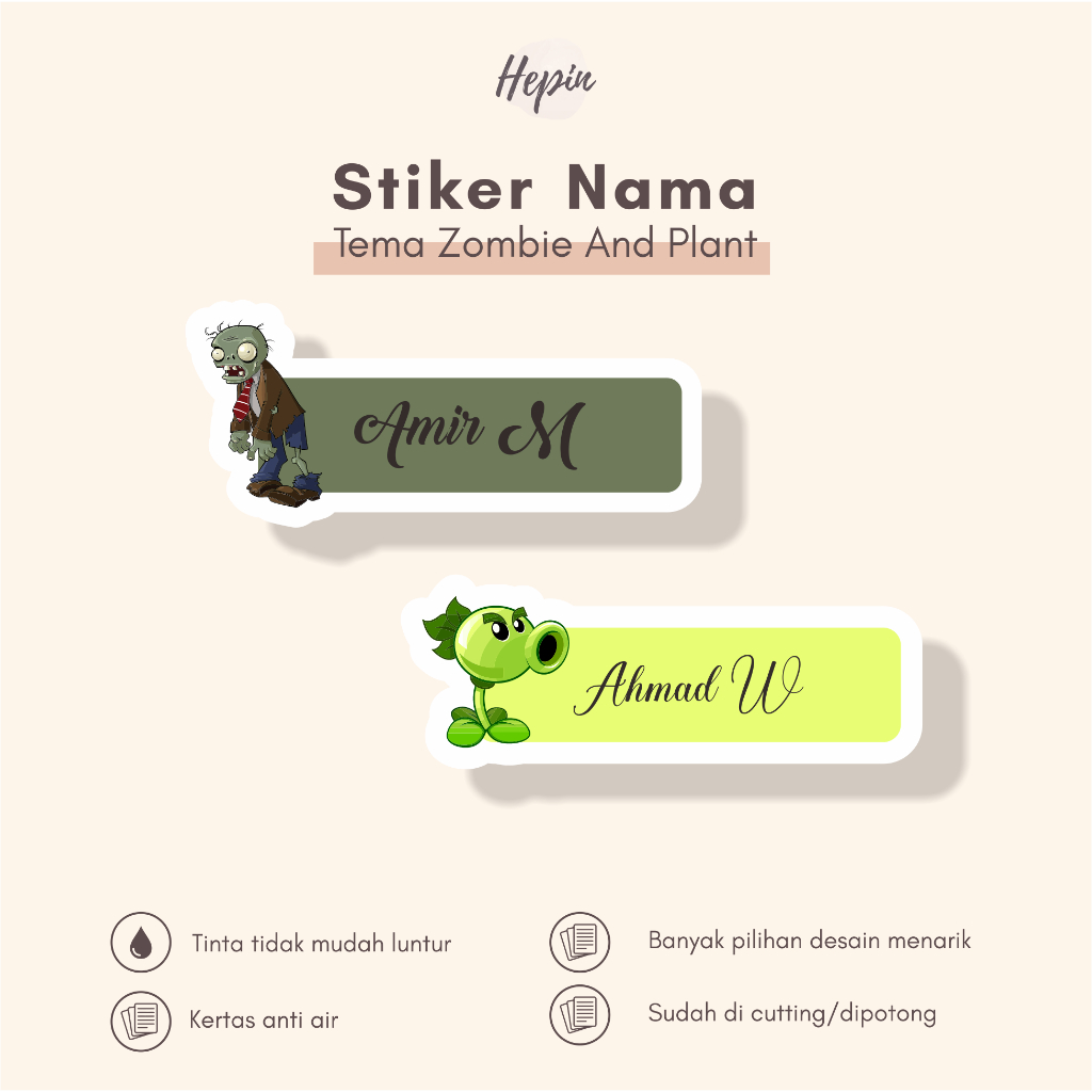 

(90 - 120 pcs) Stiker Cutting nama ZOMBIE AND PLANT/ Stiker Nama Anak Murah / Label Nama Custom/stiker nama murah