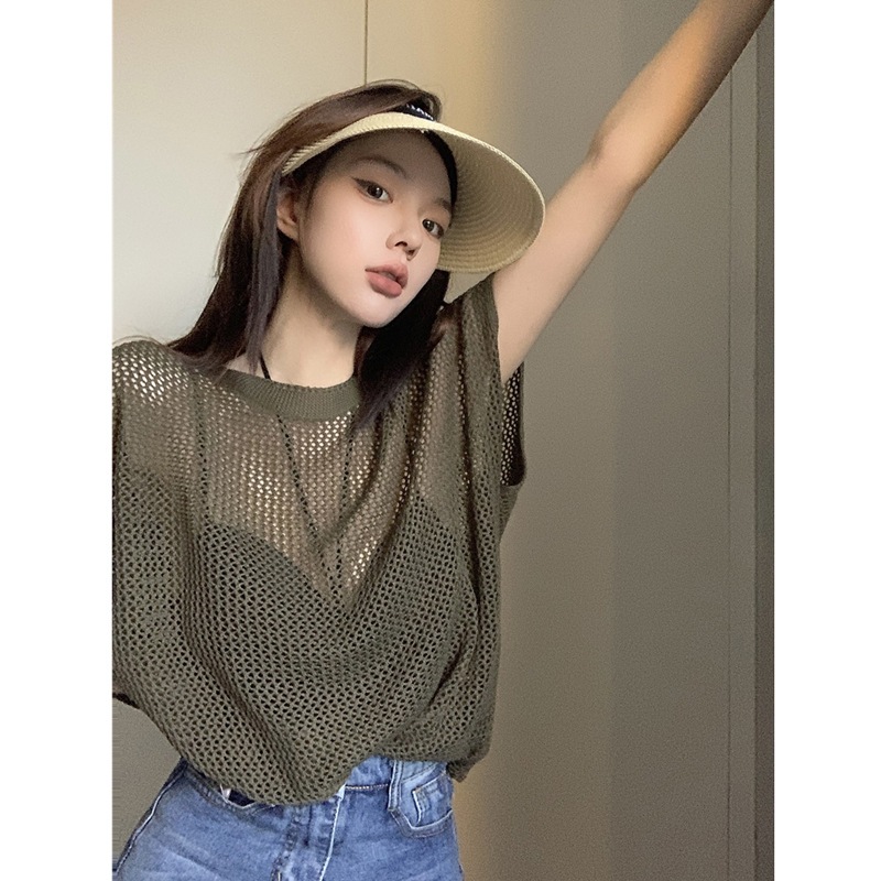 Sweater Rajut Baju Knit Wanita BJ-1005 Lengan Pendek Blouse Rajut Outer Atasan Crop Top Jaring Overs