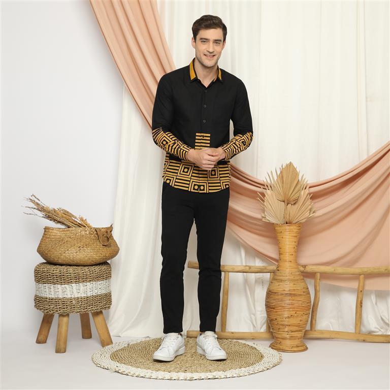 LUIGI RICCIO Kemeja Batik Pria Eksklusif Dewasa Modern Casual Kerja Kantor Pesta New Arrival Black G