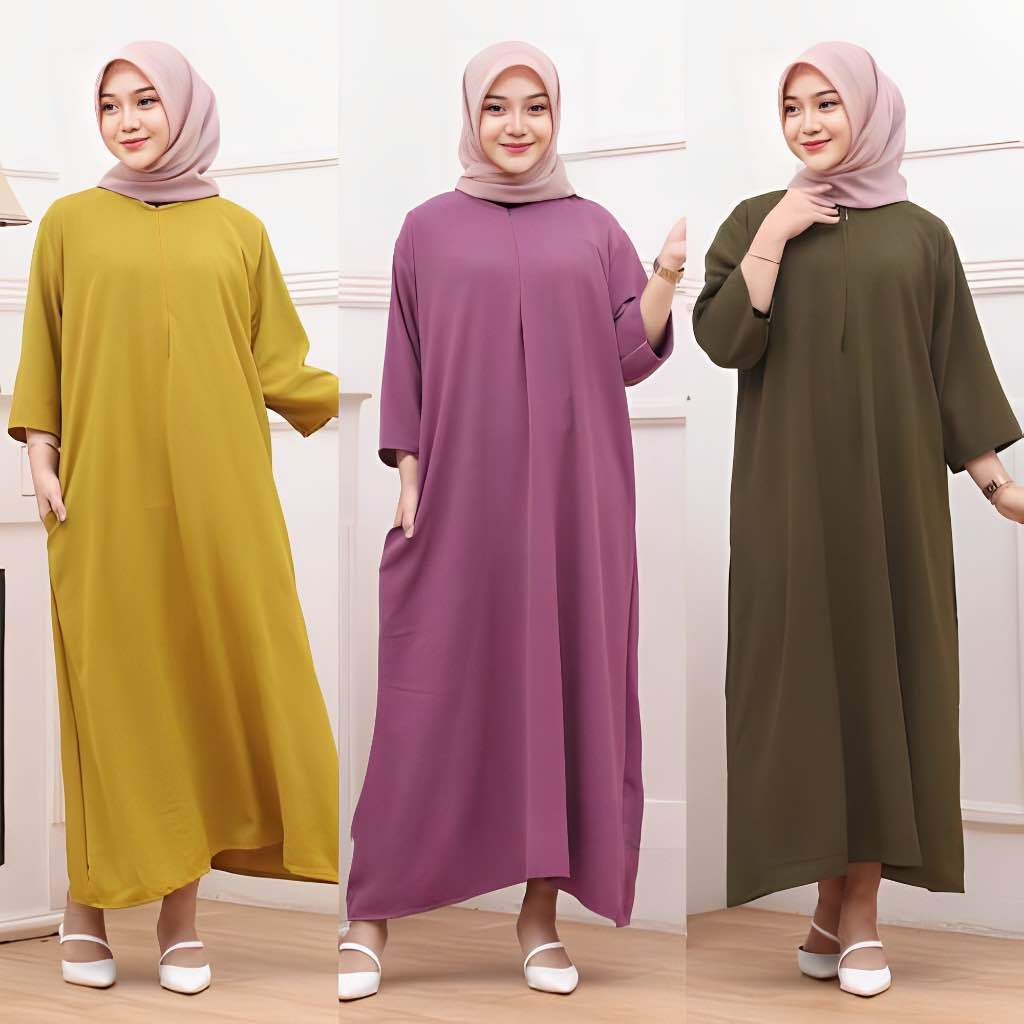 Dress Gamis Daster Tunik Crinkle Airflow Polos Busui Lengan 3/4 Baju Gamis Panjang Santai Harian Rum