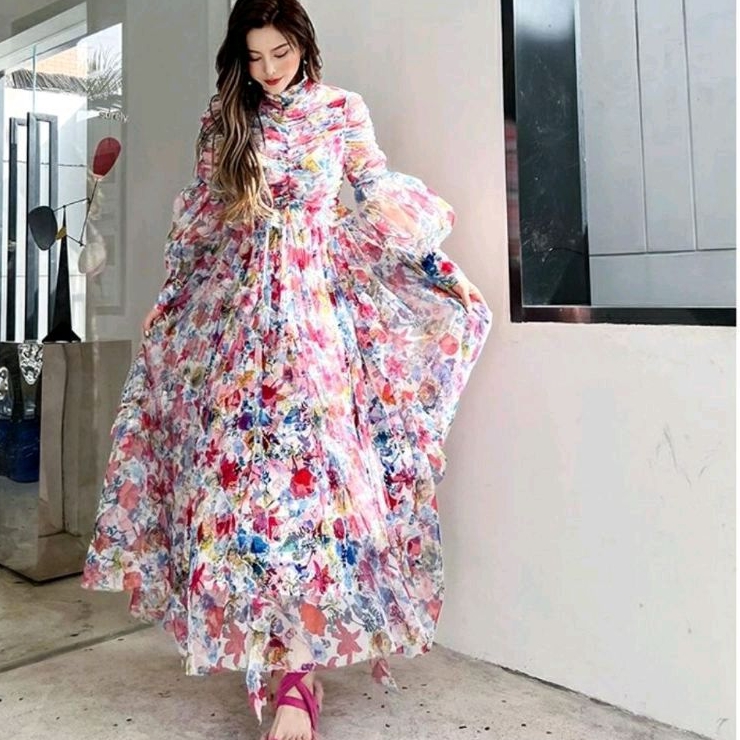 96620 Baju maxidress longdress CALIXTA MAXI DRESS FLORAL LENGAN PANJANG BALOON dres Korea Korean sty