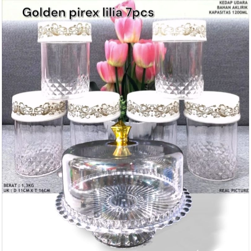 Toples Set Golden Pirex Lilia 7Pc Full Akrilik Tempat Kue Lengkap