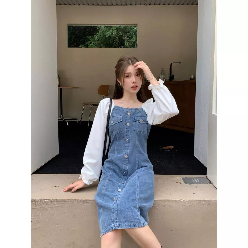 Dress Midi Jeans Wanita Terbaru | Dress Denim Wanita Kekinian