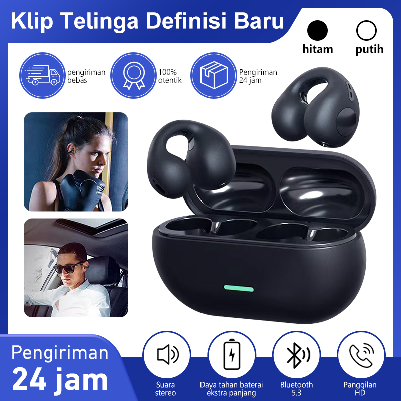 9COD)100% Ori Earphone klip Telinga Nirkabel Bluetooth Headset HiFi Stereo in-Ear Noise Reduc Earbud Dengan Mic