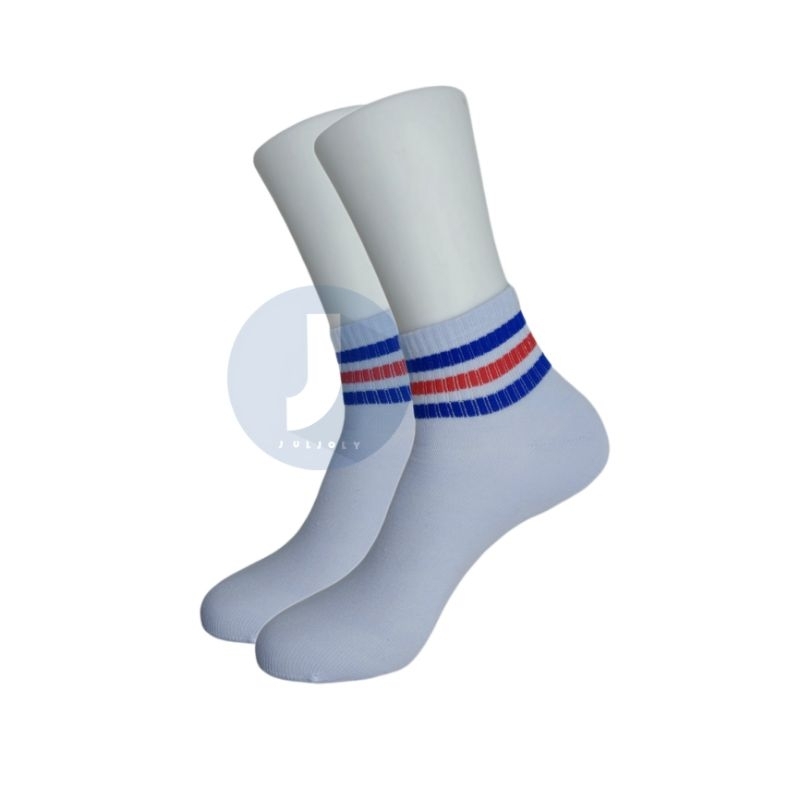 kaos kaki garis pendek / putih garis biru merah biru