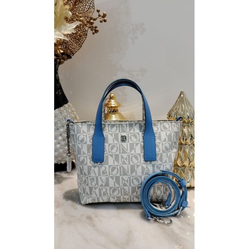 tas Tote mono putih tali biru Bonia original